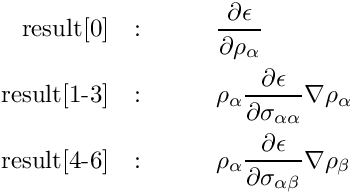 \begin{eqnarray*} \mbox{result[0]} &:& \qquad \frac{\partial \epsilon}{\partial \rho_{\alpha}} \\ \mbox{result[1-3]} &:& \qquad \rho_\alpha \frac{\partial \epsilon}{\partial \sigma_{\alpha \alpha}} \nabla\rho_\alpha\\ \mbox{result[4-6]} &:& \qquad \rho_\alpha \frac{\partial \epsilon}{\partial \sigma_{\alpha \beta}} \nabla\rho_\beta \end{eqnarray*}